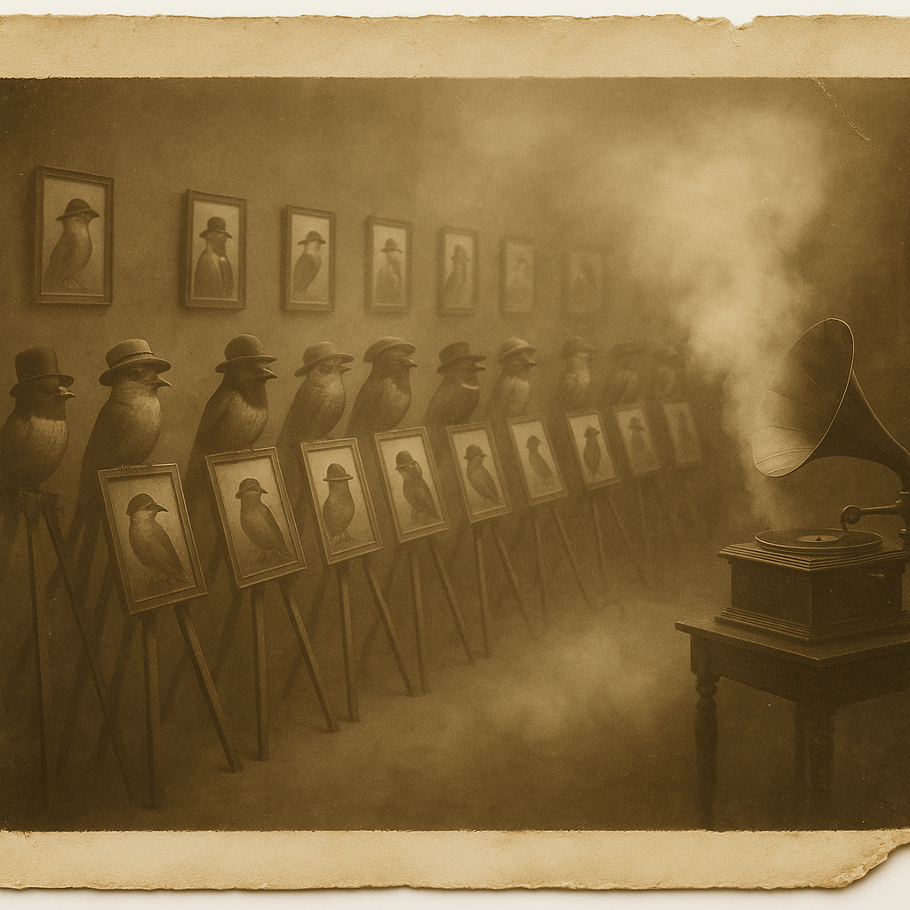 Twelve ravens in top hats viewing paintings of ravens in top hats