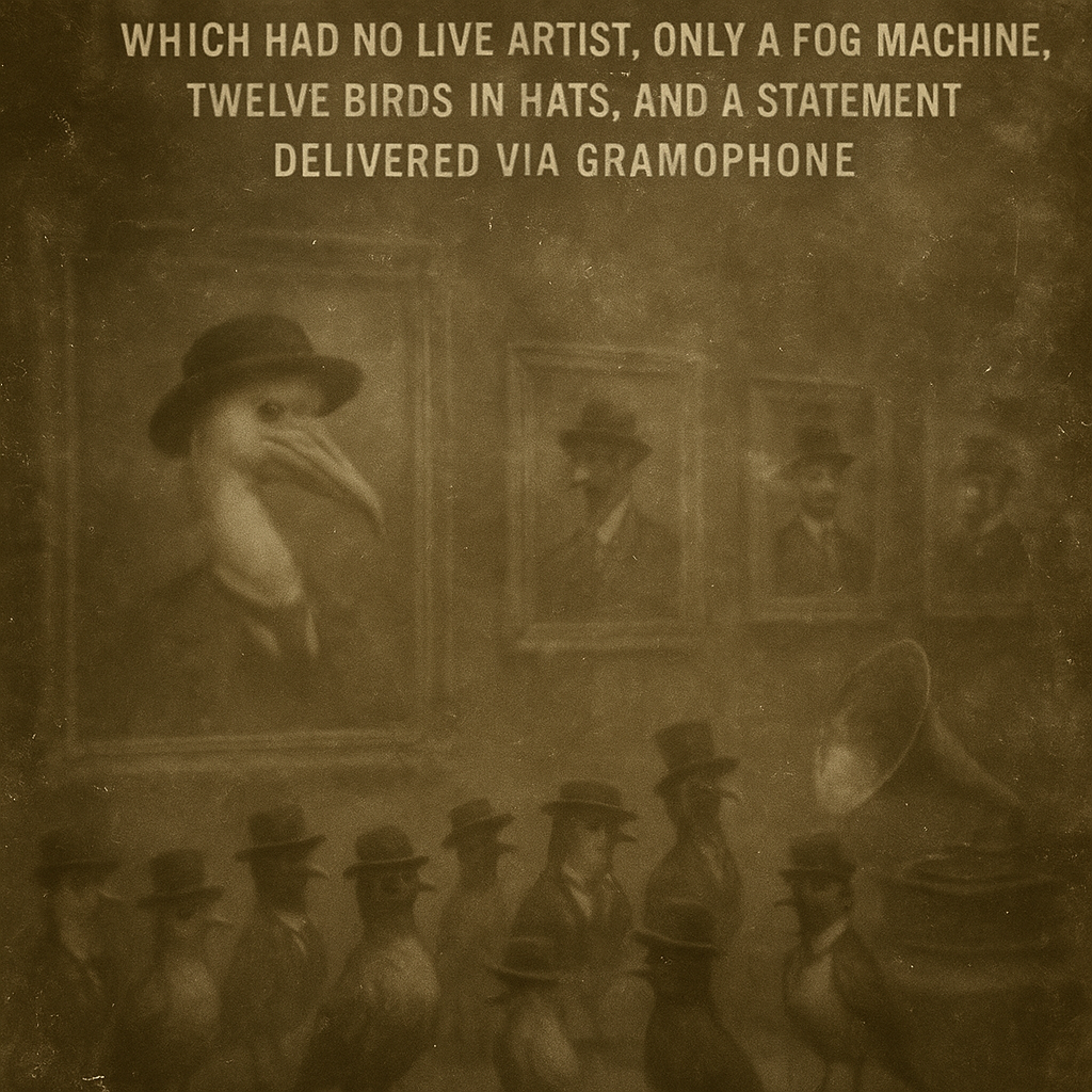 Which had no live artist, only a fog machine, twelve birds in hats, and a statement delivered via gramophone