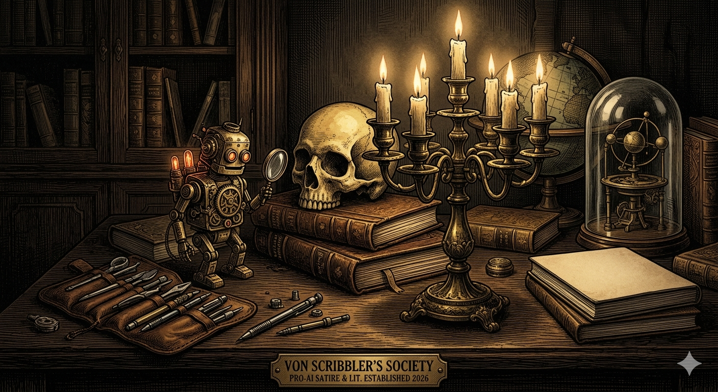 Victorian scholar's desk with skull, candelabra, books, and a small brass robot