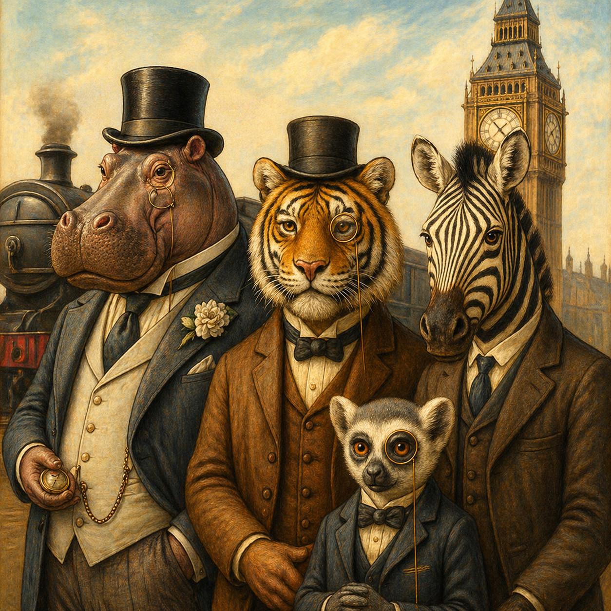 Mr. Baxtor von Mürmelstein, General Raminthos, Sir Stripes Wellington, and Ledger — London, 1912