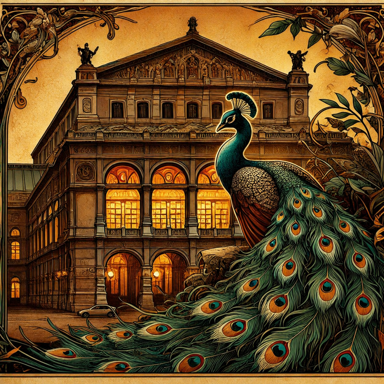 Monsieur Plume before the opera house, tail feathers displayed